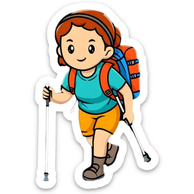 female hiker with backpack and hiking poles sticker