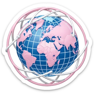stylized globe with white and light pink network lines connecting continents sticker