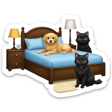 golden retriever and black cat in a bedroom sticker