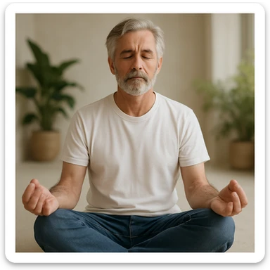 white man with grey hair and beard, meditating pose, white t-shirt, blue jeans, calm setting sticker