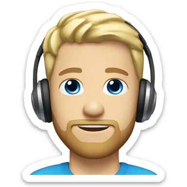 short blond hair, short beard, blue eyes, headphones, white skin sticker