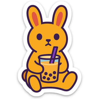 milk tea bunny sitting still with blank stare, vibrant-toon style sticker