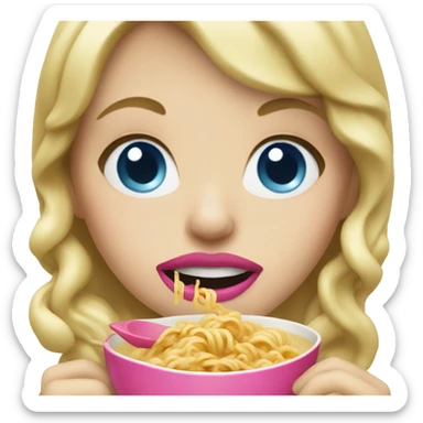 Blonde with pink lips and blue eyes eating ramen sticker