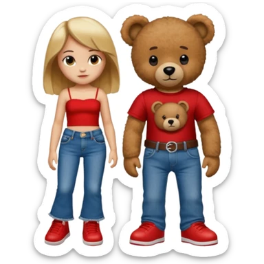 A boy and a girl teddy bear for the boy bear put on true religion shirt and jeans with black shoes and for the girl put flare jeans and a red tube top and white shoes just bears not the humans  sticker