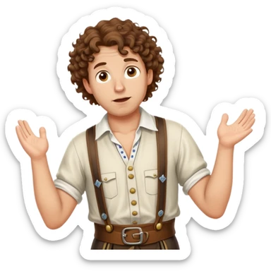 German person with brown curly hair in typical Bavarian clothing (lederhosen) shrugging and looking lost sticker