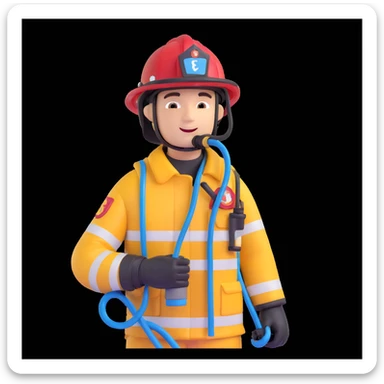 firefighter holding a water hose, shiny helmet, expressive face sticker