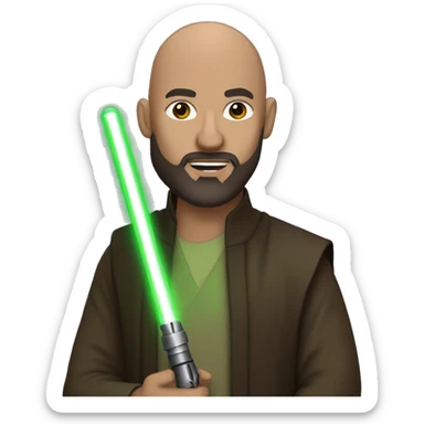 Star Wars bald brown bearded man holding green light saber sticker