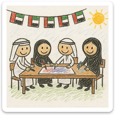 lively classroom scene with Emirati children working together at a table, UAE flag bunting hanging above, playful and colorful style for kids sticker