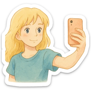 ghibli style illustration of a blonde girl taking a selfie with soft colors sticker