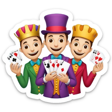 3 poker cards, with crazy colorful human jolly jokers inside, puppets in the hand sticker