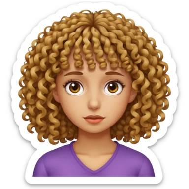 Fais un emoji d une fille avec les cheveux bouclés et une frange bouclés tordu mal faite la fille doit etre un peu mate de peau sticker