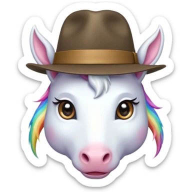 unicorn face cute wearing fedora, horn piercing through the hat looking in the camer sticker