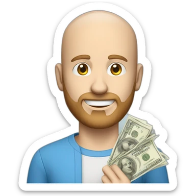 white male with small beard and almost bald  smart casual blue shirt holding money sticker