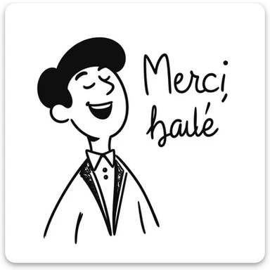 laughing man with black beret, friendly style, the word 'Merci' in playful font, text clearly visible, hand-drawn notion style sticker