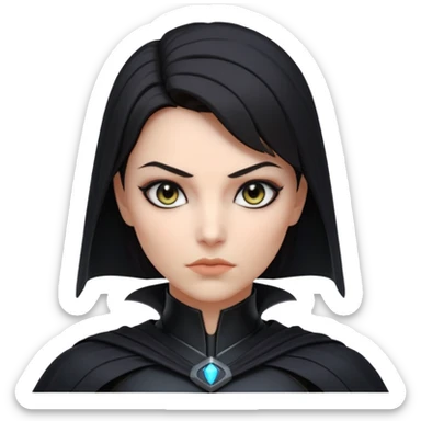 dark sci-fi villain female portrait, head and shoulders only, black armor, cape collar, intense eyes, sharp confident expression, subtle futuristic makeup, dramatic lighting, 3D cartoon, mobile game icon style, clean background, no text, no watermark
 sticker