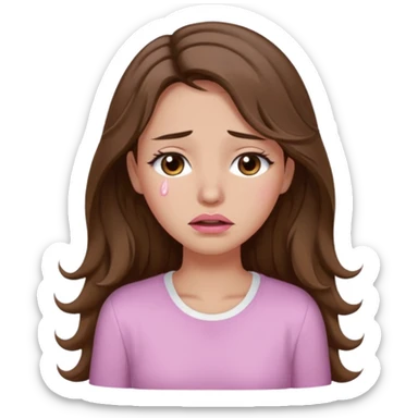 girl with wavy long brown hair, brown eyes, light to medium complexion, long lashes, light pink lipstick, wearing light pink shirt, weeping big big tears sticker