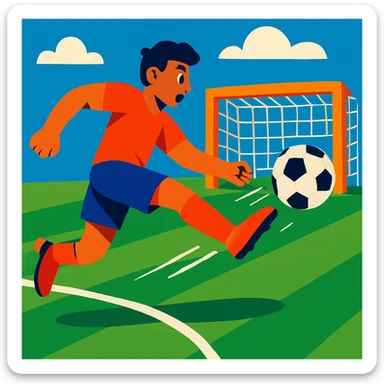 a soccer player kicking a ball into a goal, dynamic action, clear soccer field, vibrant colors, energetic scene sticker