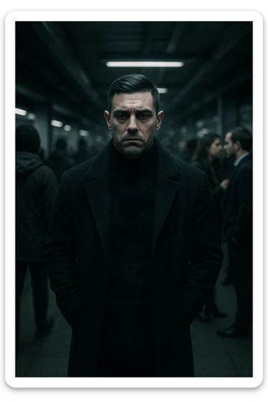 A cinematic shot of a man in his early 30s standing still in the middle of a crowded urban environment — perhaps a subway platform or office hallway — surrounded by blurred, cold-looking people facing away from him or speaking among themselves, ignoring him completely. The man has a heavy, emotionally drained expression, shoulders slightly slouched, hands in his coat pockets. He stands out in sharp focus while the others are dimly lit, grey-toned, and in motion blur. The lighting is harsh and cool, with strong shadows and low saturation to emphasize emotional isolation. A subtle dark aura or mist lingers around the man’s body, visually conveying the weight of negativity and emotional pressure. Shot in 35mm cinematic style, high realism, with a desaturated color palette and shallow depth of field sticker
