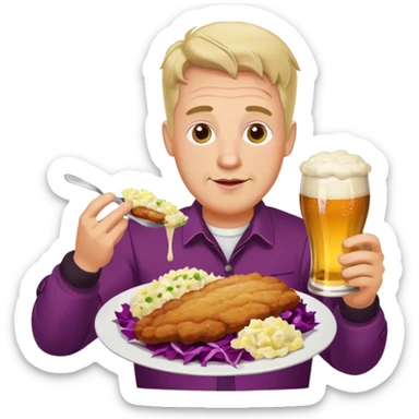 German man eating schnitzel, potato salad, red cabbage, sauerkraut, and beer sticker