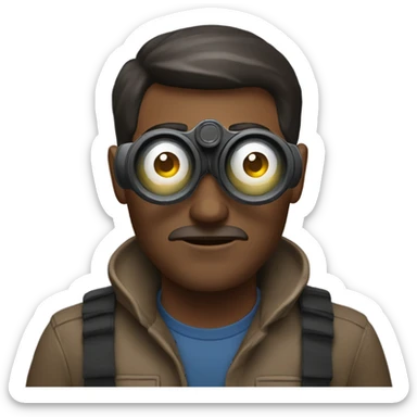 man with shorter dark brown hair with binoculars sticker