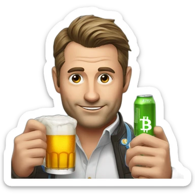 Ceo of coinhouse Nicolas louvet drinks a beer with bitcoin around him sticker