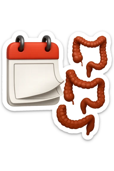 emoji stile iphone di un calendario con fogli che volano insieme a pezzi anatomici di colon umano, iperrealistico 4k, isolato su sfondo bianco sticker