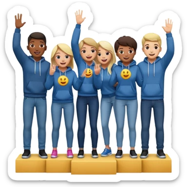multi-racial group on a winners’ podium, no numbers, all in jeans and hoodies, very excited, fun, expressive emoji style sticker