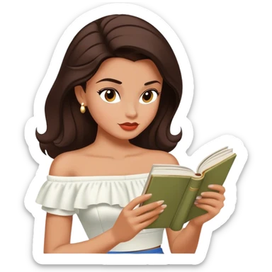 Beautiful woman in 1950’s woman fashion look, off-shoulder white shirts crop top, long dark brown hair, reading sticker