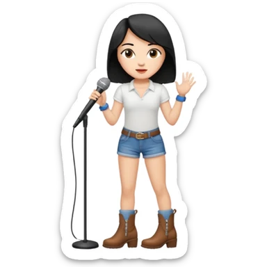 Crie uma cantora morena charmosa de shortes top e bota com microfone branca e cabelo preto sticker