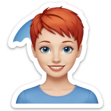 27 year old white woman, red hair, pixie cut, blue eyes sticker