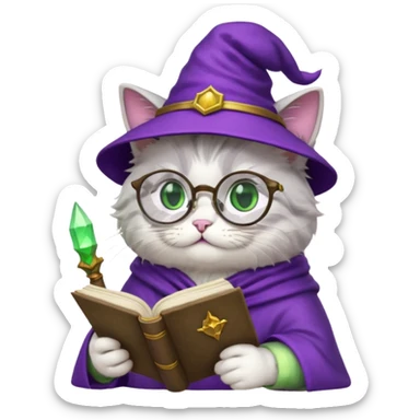 fluffy cat wizard reading a spellbook wearing glasses and a purple hat sticker