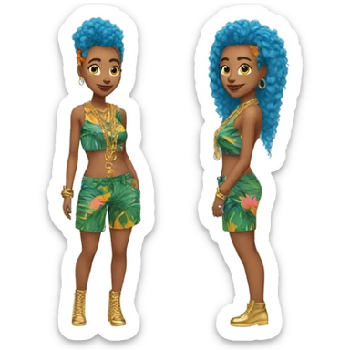Person wearing funky tropical outfit collage with gold chain necklace and blue and ginger dyed hair sticker