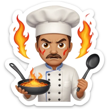 angry chef with flames in eyes, confidently crossing two frying pans across chest sticker