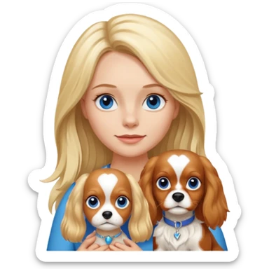 Blond Mom with a little blue eyed girl. The girl has long blonde hair. And there is one dog. The dog  is a tricolora king cavalier charles spaniel  sticker