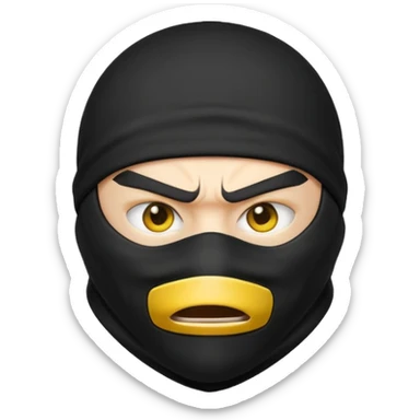 angry ninja face emoji, classic yellow emoji style, all black ninja mask covering mouth and nose, only angry eyes visible sticker