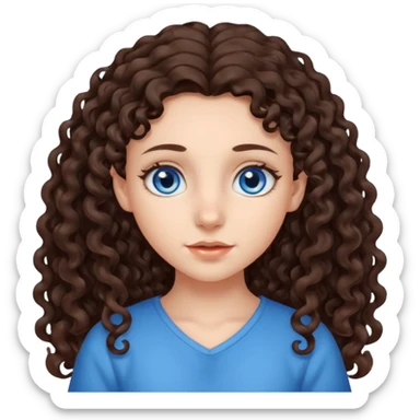 a girl with long dark brown curly hair that starts at the level of her ears, and blue eyes sticker