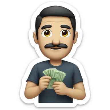 dark hair dark eye man with short mustache holding money sticker