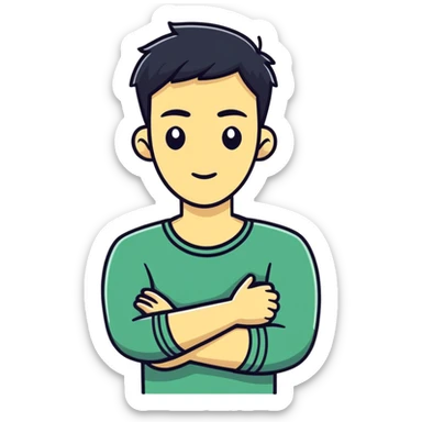 Guy with crossed arms holding neck not smiling  sticker
