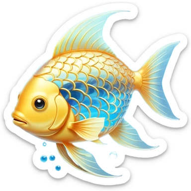 Ethereal golden fish in the shape of an omega symbol, radiating gentle waves of energy that flow toward a glowing brain and heart. The fish appears translucent and luminous, with scales that shimmer with healing properties, all suspended in a dreamy blue atmosphere. sticker