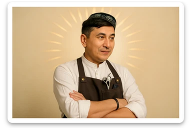 shu pozada turgan faqat o'ng tarafga qarab turgan sartarosh ustani tasvirlab ber realistik uslubda yoshi kattaroq soqol shart emas va uzbekistonlik erkak soch turmagi ham boshqacharoq bo'laversin sticker