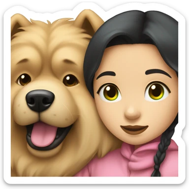 girl with very long black hair and green eyes and pink outfit hugging a beige fluffy cute chow chow dog sticker