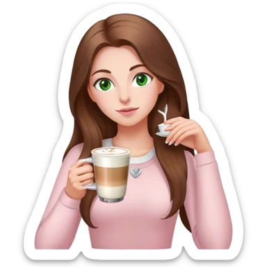 pretty woman with very long brown hair and green eyes and light pink outfit drinking a latte sticker