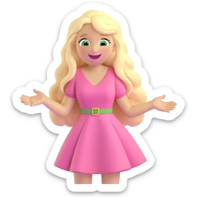 blonde with long hair and swamp eyes in a pink pastel dress, laughing, 3D iOS realistic emoji style sticker