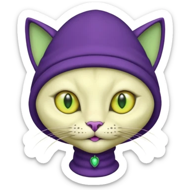 dark purple alien cat with no fur and yellow hat and green eyes sticker