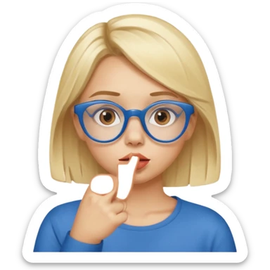 Blonde girl with brown eyes,  blue glasses saying shhhh with her finger to her lips sticker