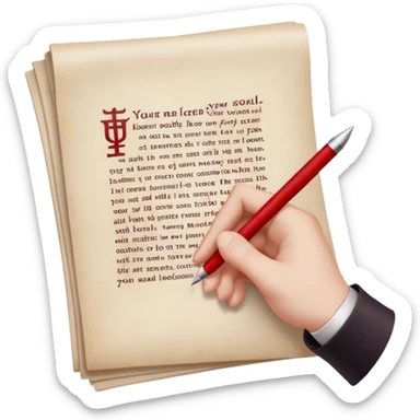 Minimalist emoji-style sticker of a pale hand signing a parchment contract titled “YOUR SOUL” in gothic font, muted red ink, grayscale background sticker