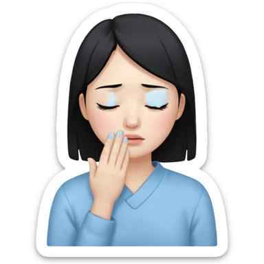 A crying East Asian woman with black hair, wearing light blue clothing. Her skin appears dry, closing her eyes and crying sticker