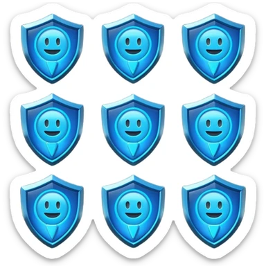 Futuristic glowing blue emoji badge set for the brand name “DRAEV” — includes shield, checkmark, camera, briefcase, verified tick, bot face, and rocket. Neon blue glow, dark gradient background, cyber aesthetic, 3D soft lighting, premium tech style. sticker