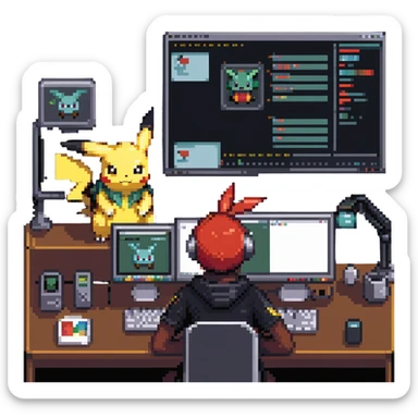 Pokémon character at a desk with video editing software on screen sticker