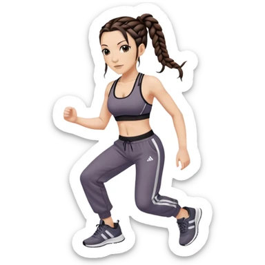 Melanie chisholm with two dark brown french braids, wearing a sports bra and track pants with sneakers sticker